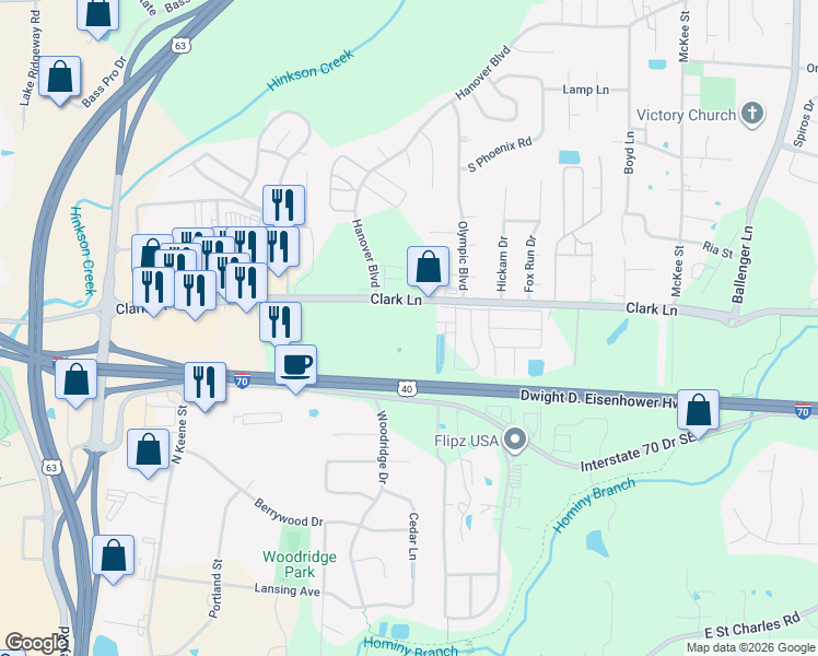 map of restaurants, bars, coffee shops, grocery stores, and more near 3810 Clark Lane in Columbia