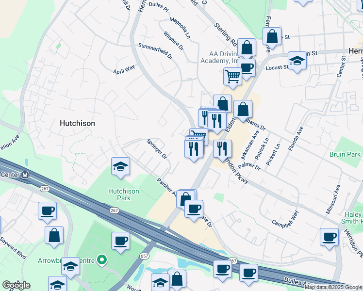 map of restaurants, bars, coffee shops, grocery stores, and more near 2178 Glacier Rd in Herndon