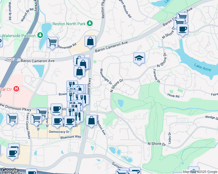 map of restaurants, bars, coffee shops, grocery stores, and more near 11653 Gas Light Court in Reston