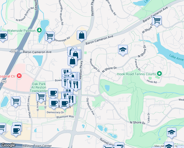 map of restaurants, bars, coffee shops, grocery stores, and more near 1705 Ascot Way in Reston