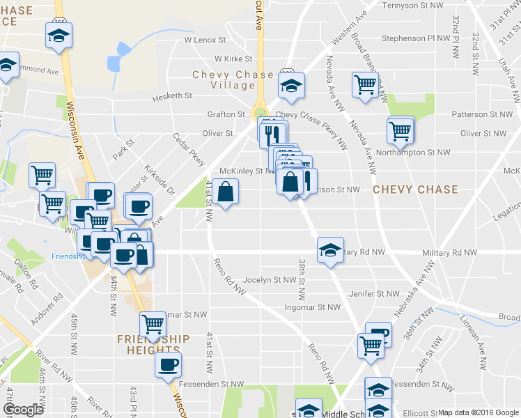 map of restaurants, bars, coffee shops, grocery stores, and more near 3900 Livingston Street Northwest in Washington