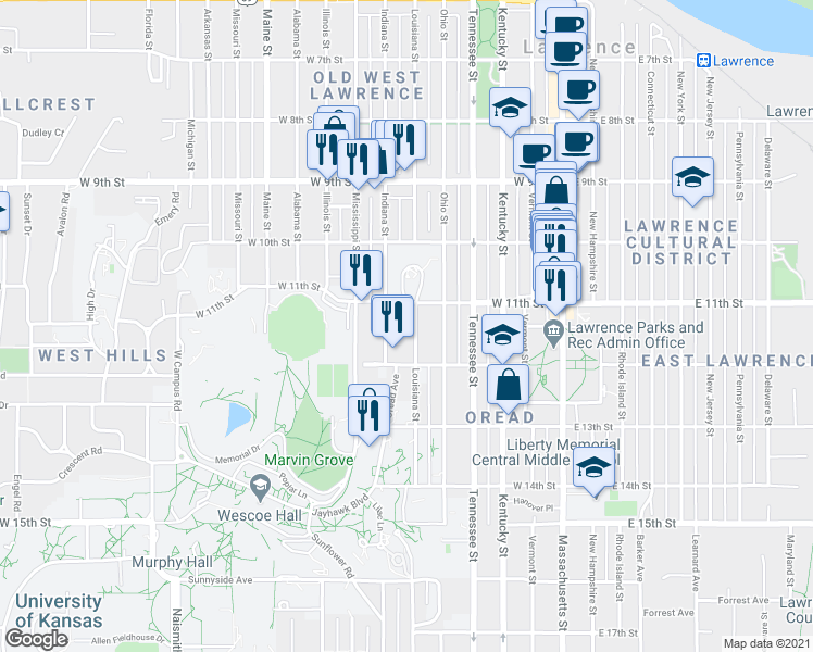 map of restaurants, bars, coffee shops, grocery stores, and more near 1115 Louisiana Street in Lawrence