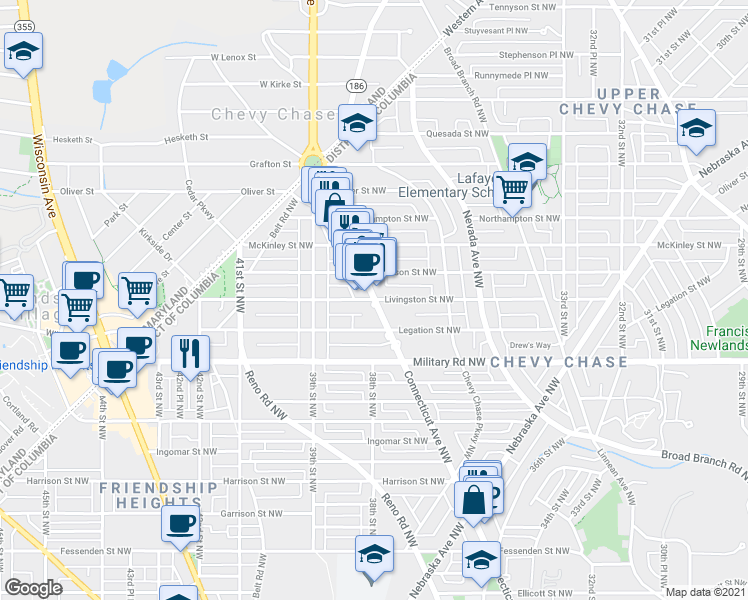 map of restaurants, bars, coffee shops, grocery stores, and more near Connecticut Avenue Northwest & Livingston Street Northwest in Washington