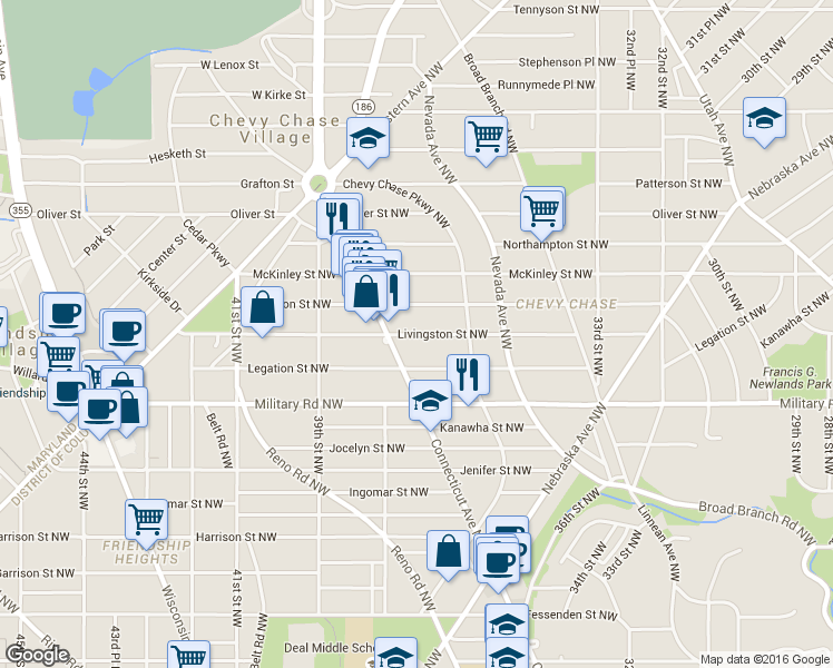 map of restaurants, bars, coffee shops, grocery stores, and more near Livingston Street Northwest in Washington