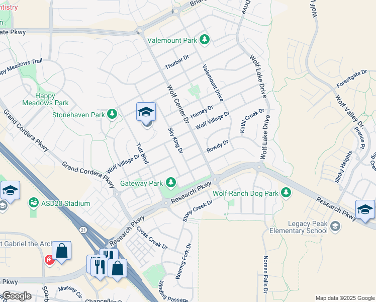 map of restaurants, bars, coffee shops, grocery stores, and more near 9050 Sky King Drive in Colorado Springs