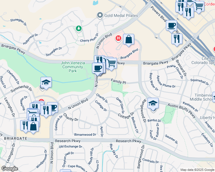 map of restaurants, bars, coffee shops, grocery stores, and more near 9060 Aldersgate Court in Colorado Springs