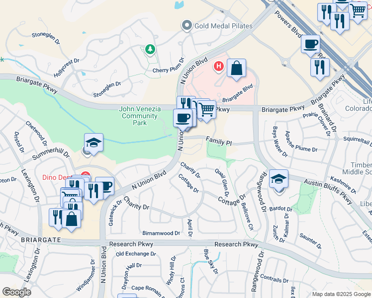 map of restaurants, bars, coffee shops, grocery stores, and more near 9051 North Union Boulevard in Colorado Springs
