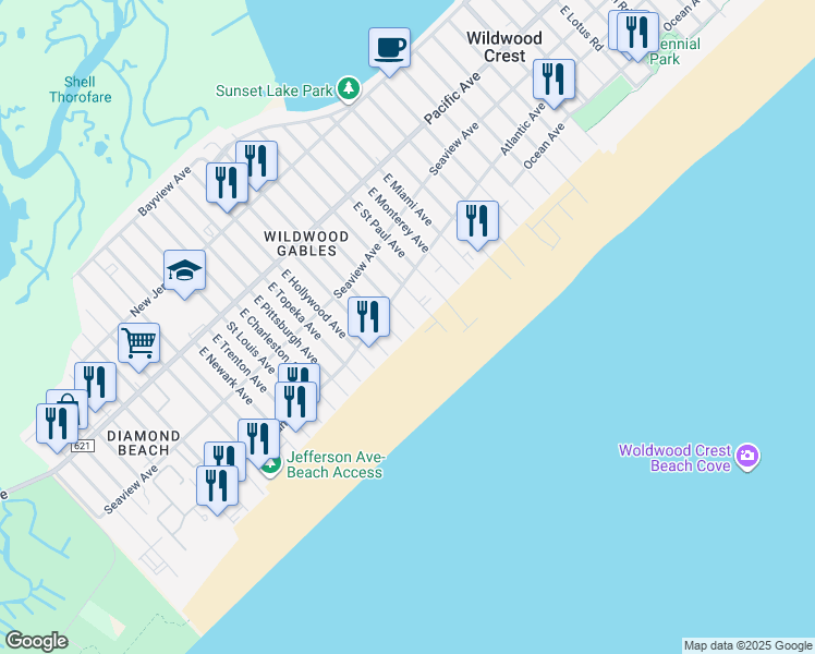 map of restaurants, bars, coffee shops, grocery stores, and more near 8501 Atlantic Avenue in Wildwood Crest
