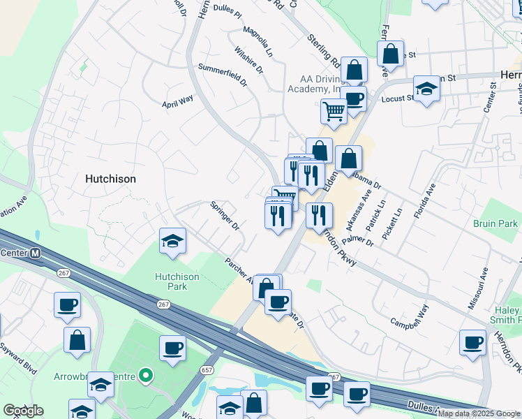 map of restaurants, bars, coffee shops, grocery stores, and more near 2180 Glacier Rd in Herndon