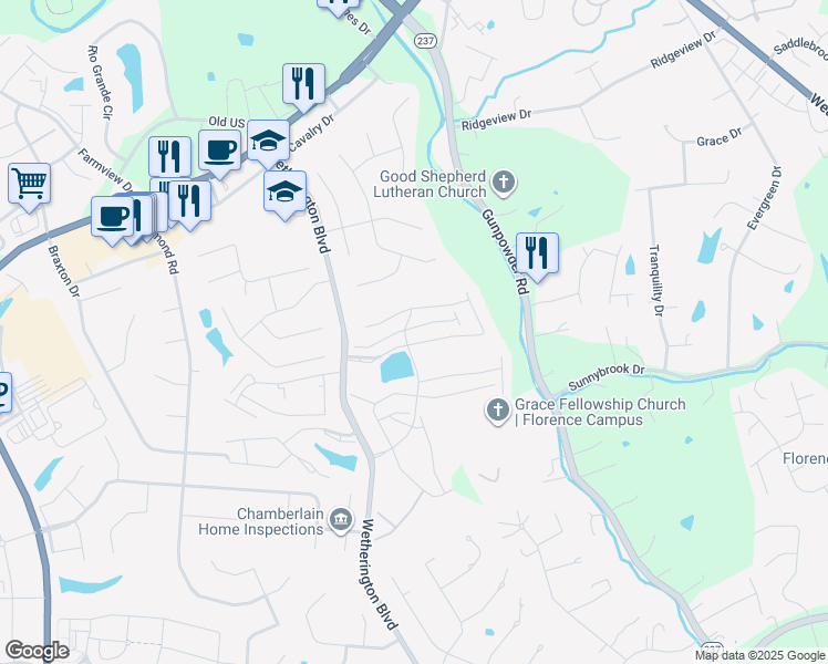 map of restaurants, bars, coffee shops, grocery stores, and more near 1388 Taramore Drive in Florence