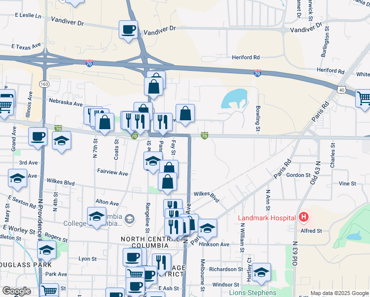 map of restaurants, bars, coffee shops, grocery stores, and more near 1209 Smith Street in Columbia