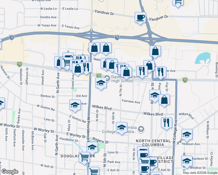 map of restaurants, bars, coffee shops, grocery stores, and more near 70 East in Columbia