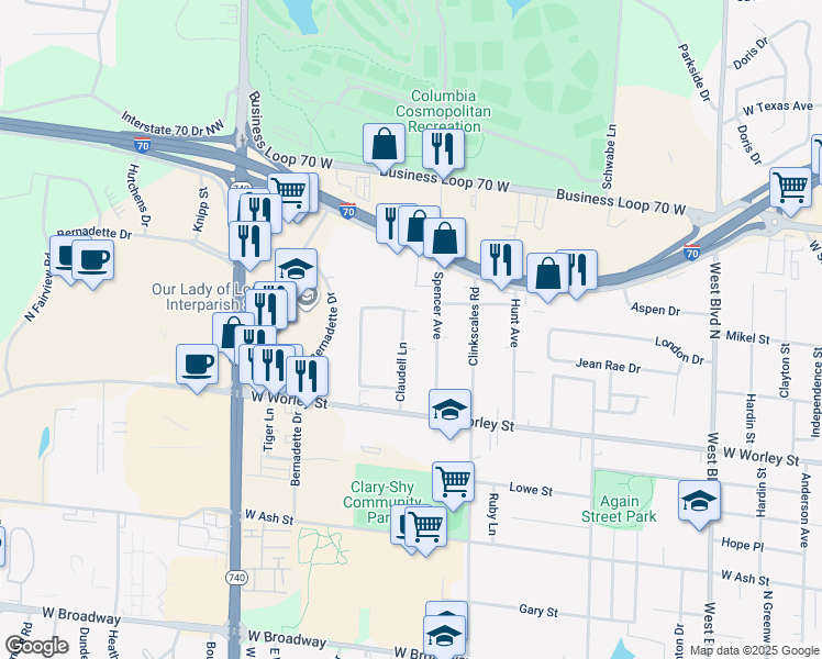 map of restaurants, bars, coffee shops, grocery stores, and more near 615 Spencer Avenue in Columbia