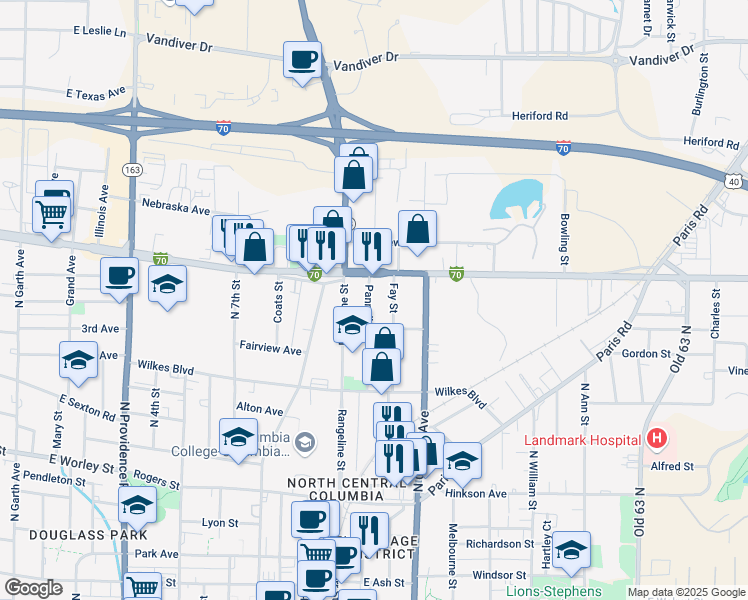 map of restaurants, bars, coffee shops, grocery stores, and more near 1200 Pannell Street in Columbia