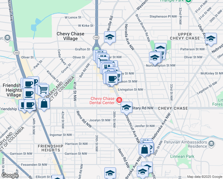 map of restaurants, bars, coffee shops, grocery stores, and more near 5432 Connecticut Avenue Northwest in Washington