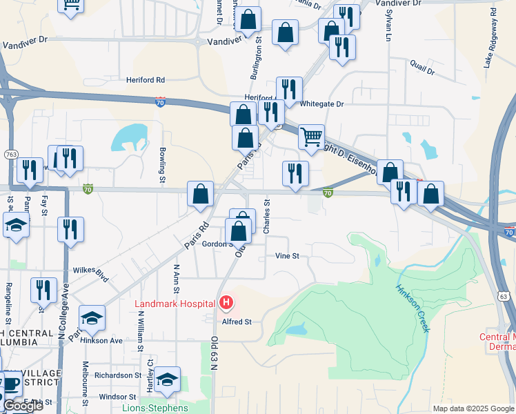 map of restaurants, bars, coffee shops, grocery stores, and more near 1101 Old 63 South in Columbia