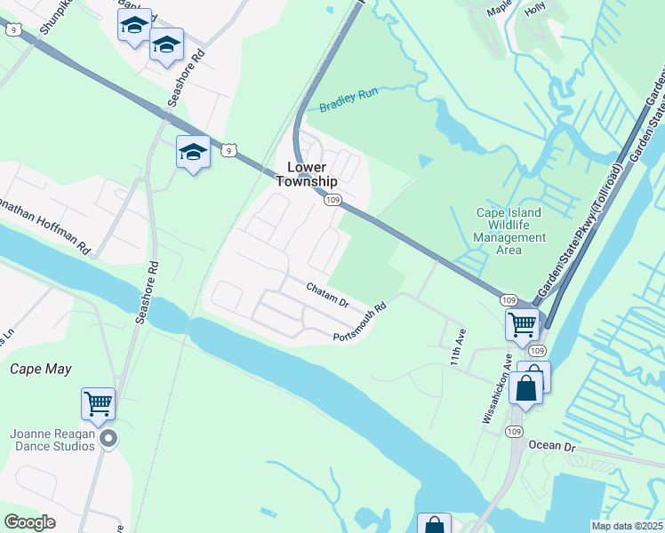 map of restaurants, bars, coffee shops, grocery stores, and more near 419 Chatam Drive in Cape May