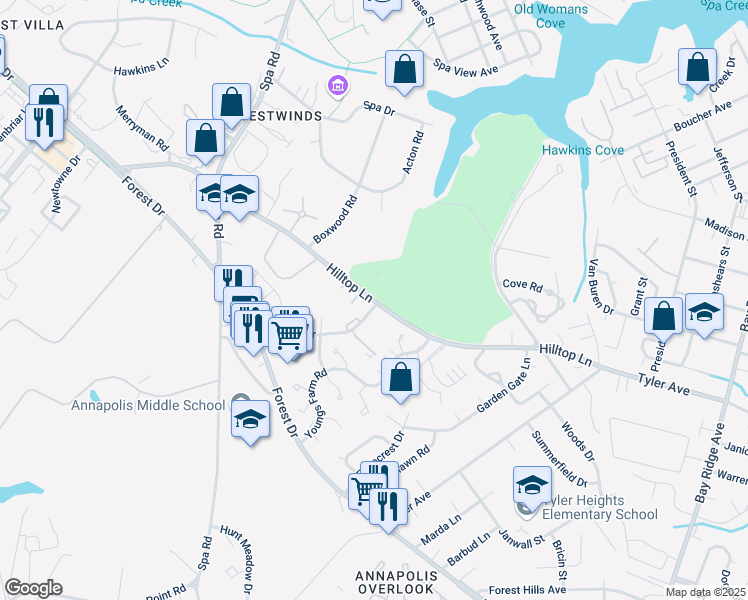 map of restaurants, bars, coffee shops, grocery stores, and more near 1200 Gemini Drive in Annapolis