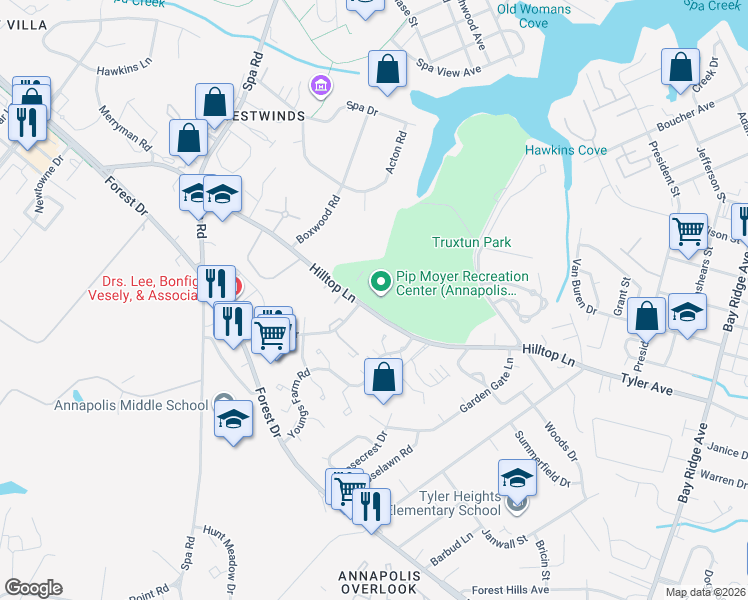 map of restaurants, bars, coffee shops, grocery stores, and more near 273 Hilltop Lane in Annapolis