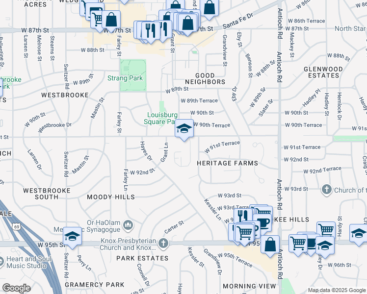 map of restaurants, bars, coffee shops, grocery stores, and more near 9501 West 91st Street in Overland Park