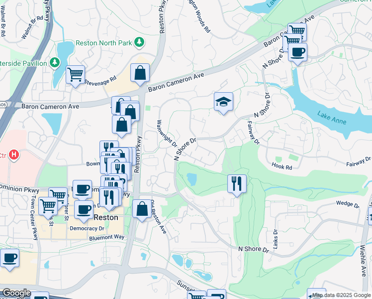 map of restaurants, bars, coffee shops, grocery stores, and more near 11659 North Shore Drive in Reston