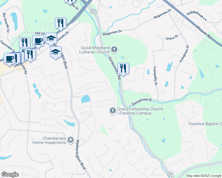 map of restaurants, bars, coffee shops, grocery stores, and more near 1442 Taramore Drive in Florence