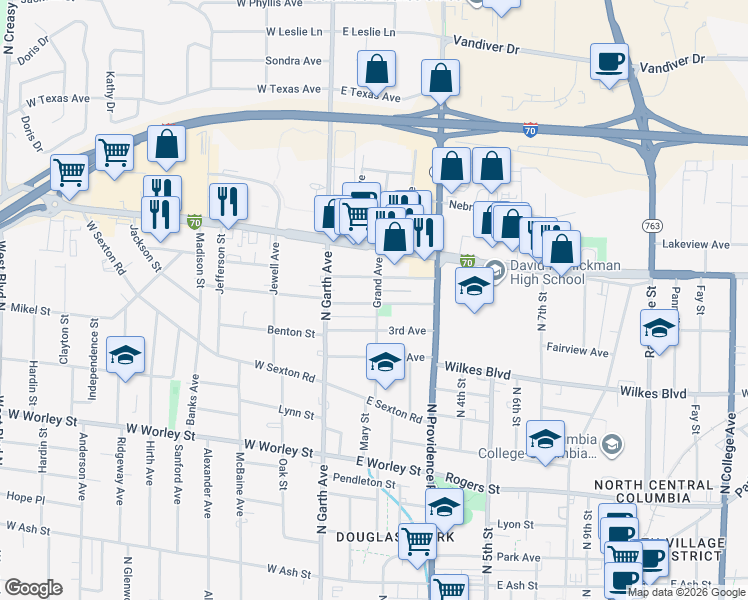 map of restaurants, bars, coffee shops, grocery stores, and more near 1101 Grand Avenue in Columbia