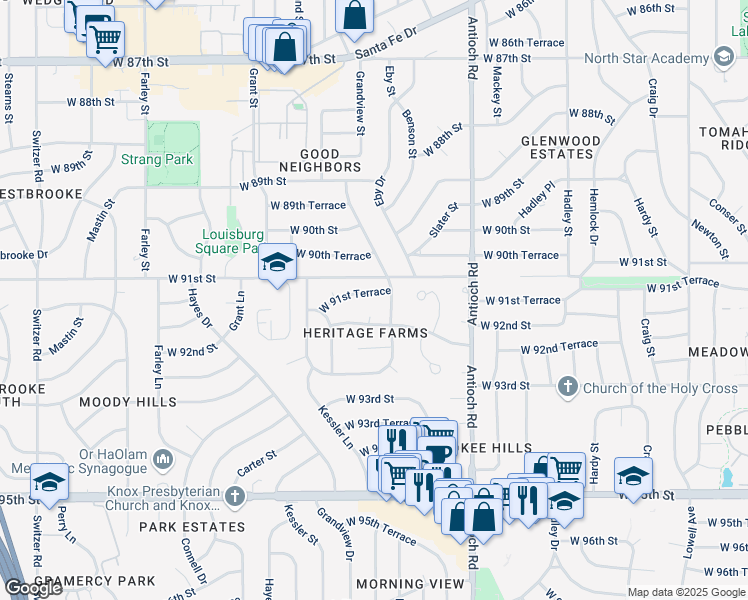 map of restaurants, bars, coffee shops, grocery stores, and more near 9114 West 92nd Street in Overland Park