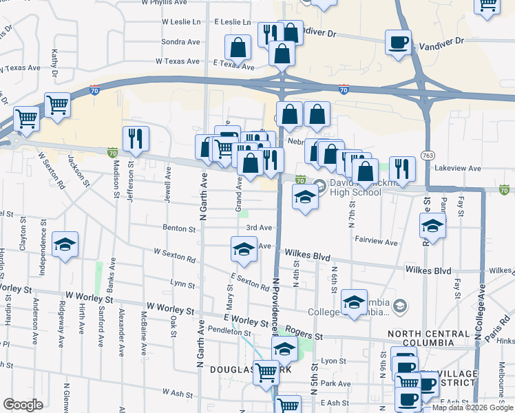 map of restaurants, bars, coffee shops, grocery stores, and more near 109 3rd Avenue in Columbia