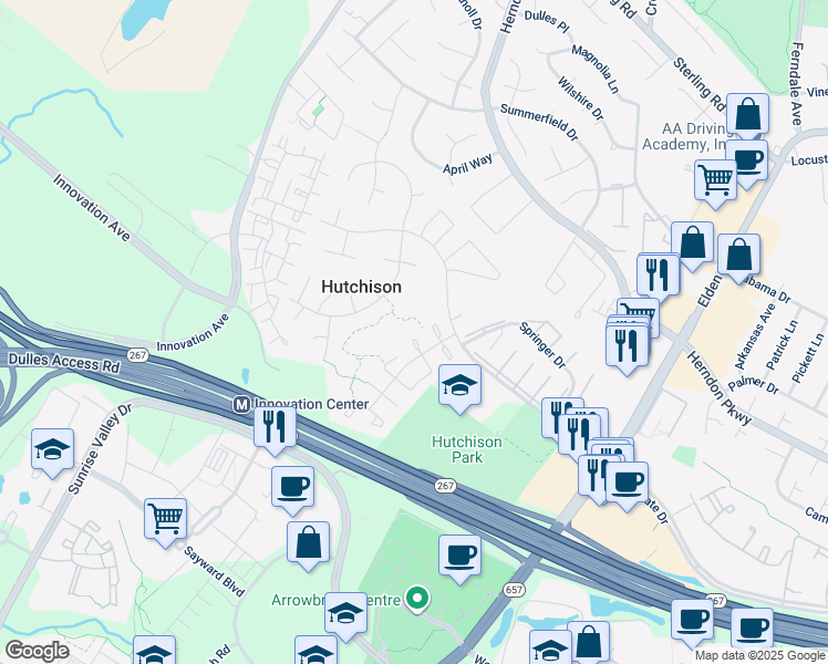 map of restaurants, bars, coffee shops, grocery stores, and more near 13356 Feldman Place in Herndon