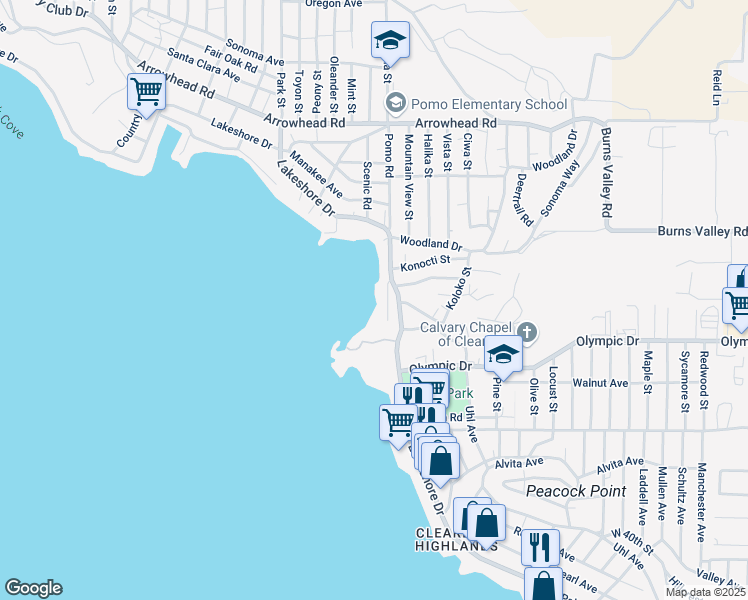 map of restaurants, bars, coffee shops, grocery stores, and more near 14045 Rosewood Lane in Clearlake