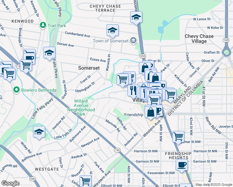 map of restaurants, bars, coffee shops, grocery stores, and more near 4620 North Park Avenue in Chevy Chase