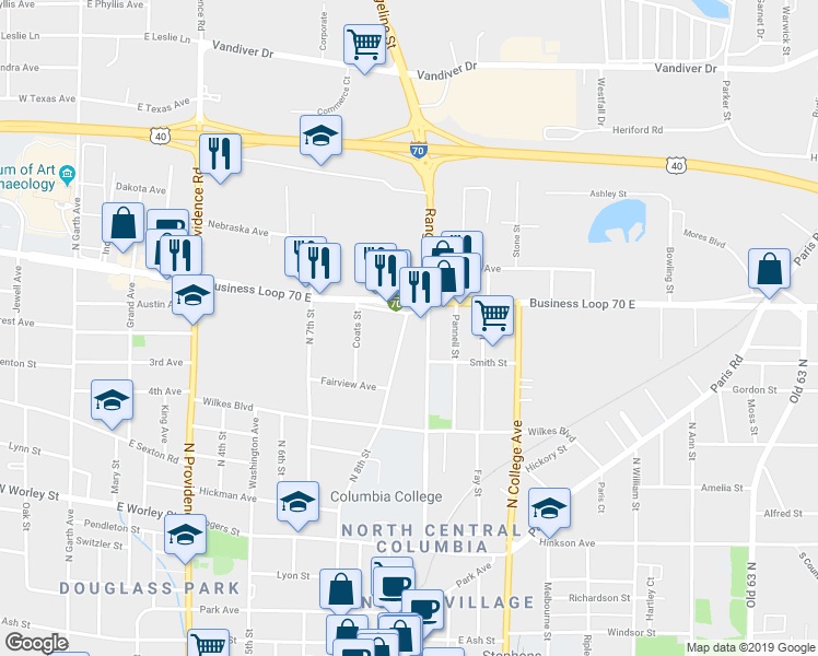 map of restaurants, bars, coffee shops, grocery stores, and more near 1105 Rangeline Street in Columbia