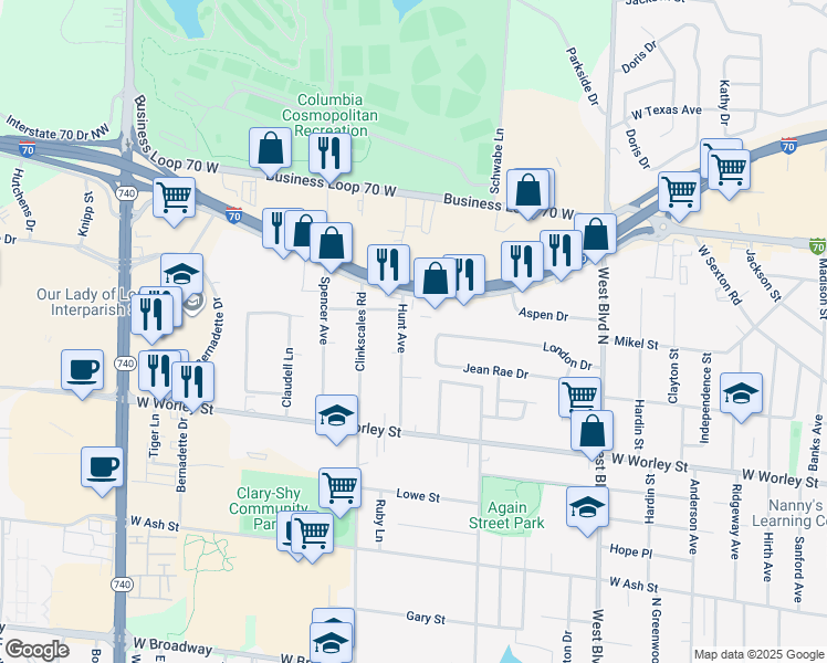 map of restaurants, bars, coffee shops, grocery stores, and more near 1408 Jean Rae Drive in Columbia