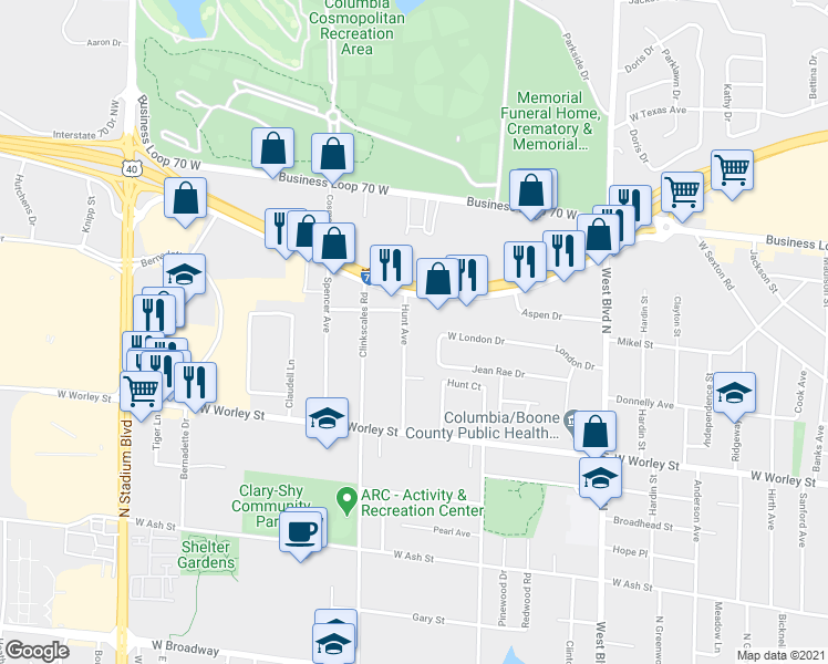 map of restaurants, bars, coffee shops, grocery stores, and more near 1408 Jean Rae Drive in Columbia