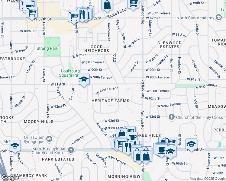 map of restaurants, bars, coffee shops, grocery stores, and more near 9114 West 92nd Street in Overland Park