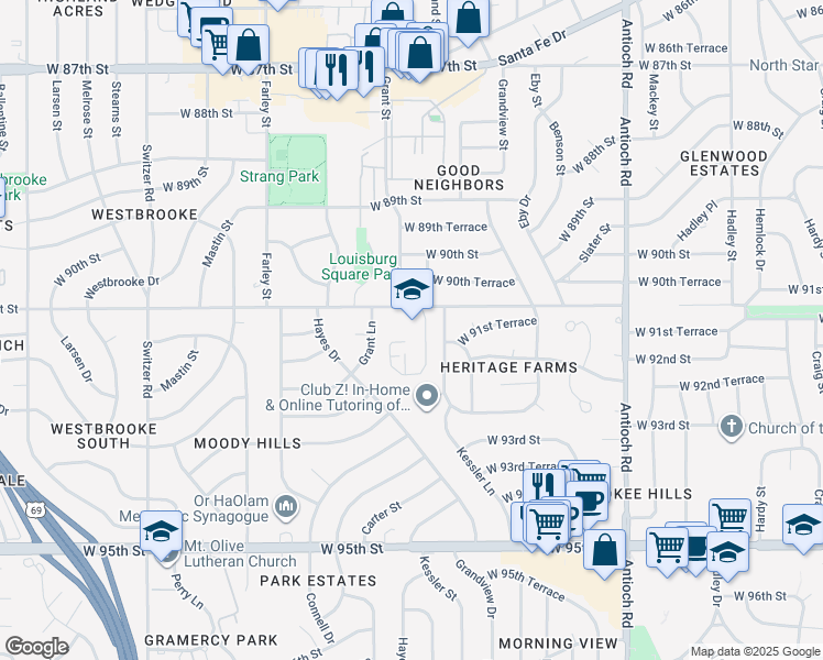 map of restaurants, bars, coffee shops, grocery stores, and more near 9501 W 91st St in Overland Park