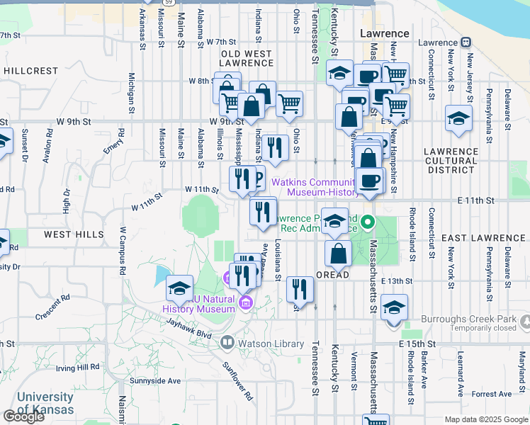 map of restaurants, bars, coffee shops, grocery stores, and more near 1140 Indiana Street in Lawrence