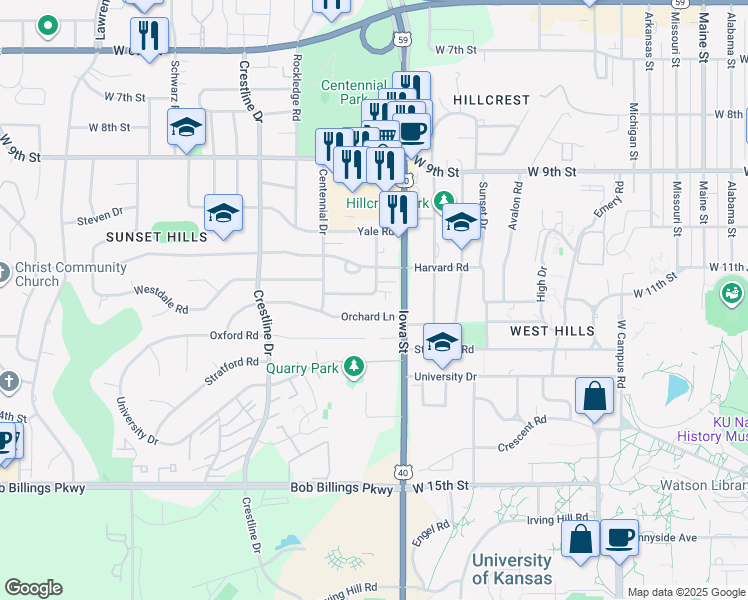 map of restaurants, bars, coffee shops, grocery stores, and more near 2215 Orchard Lane in Lawrence