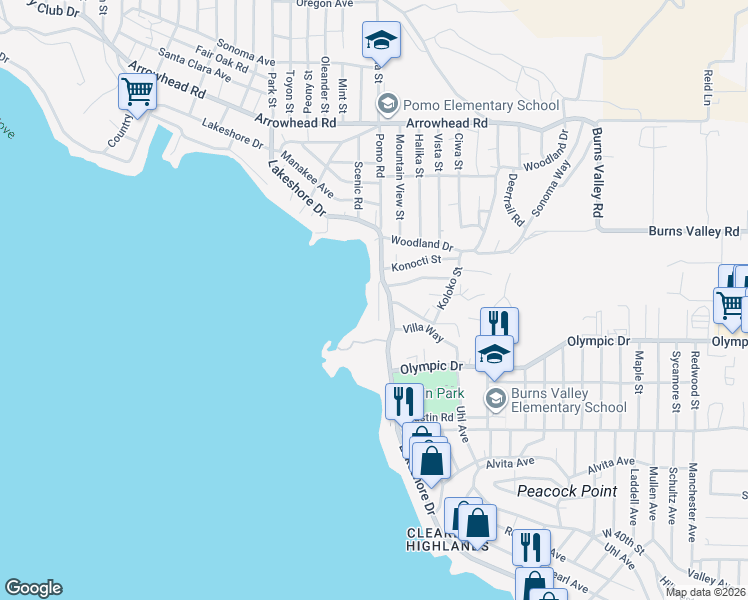map of restaurants, bars, coffee shops, grocery stores, and more near 14038 Rosewood Lane in Clearlake