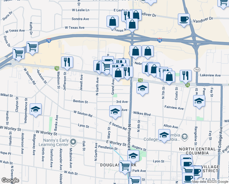 map of restaurants, bars, coffee shops, grocery stores, and more near 109 3rd Avenue in Columbia