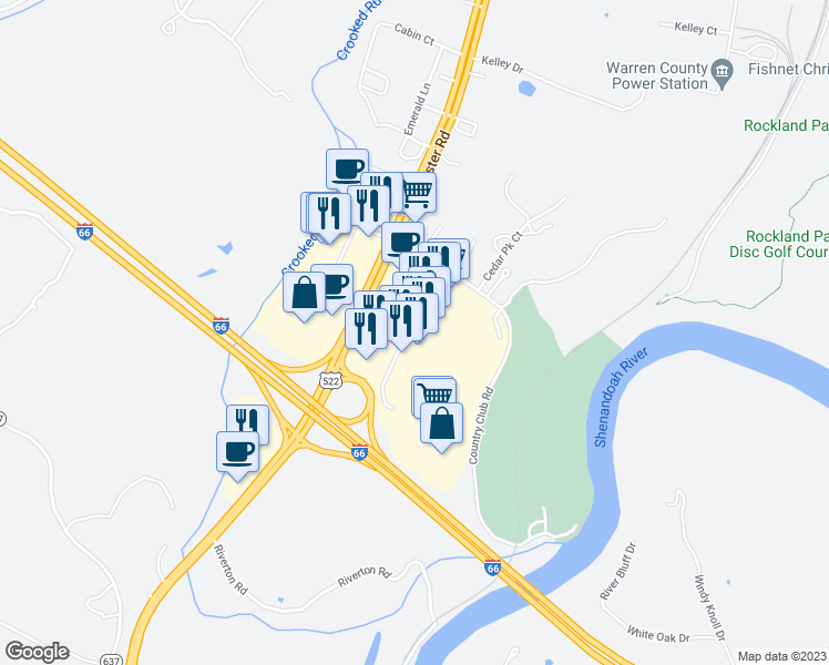 map of restaurants, bars, coffee shops, grocery stores, and more near 10 Riverton Commons Drive in Front Royal