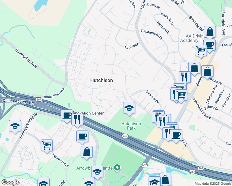 map of restaurants, bars, coffee shops, grocery stores, and more near 13356 Feldman Place in Herndon