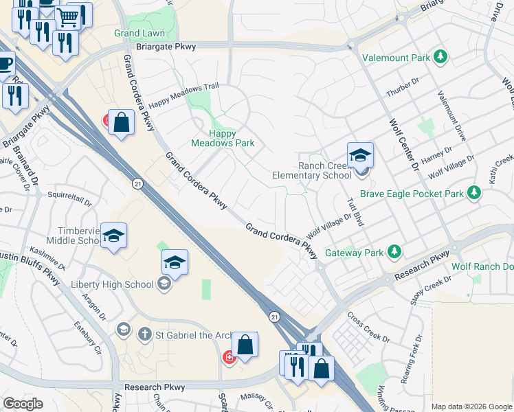 map of restaurants, bars, coffee shops, grocery stores, and more near 9055 Rollins Pass Court in Colorado Springs