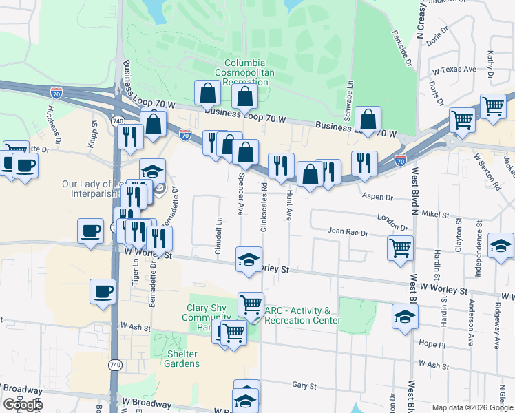 map of restaurants, bars, coffee shops, grocery stores, and more near 707 Clinkscales Road in Columbia