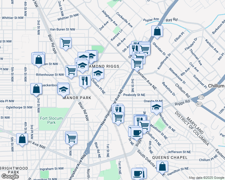 map of restaurants, bars, coffee shops, grocery stores, and more near 99 Waltman Place Northeast in Washington