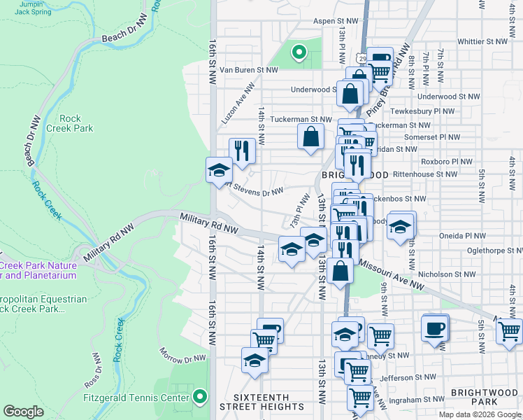 map of restaurants, bars, coffee shops, grocery stores, and more near 14th St NW & Peabody St NW in Washington