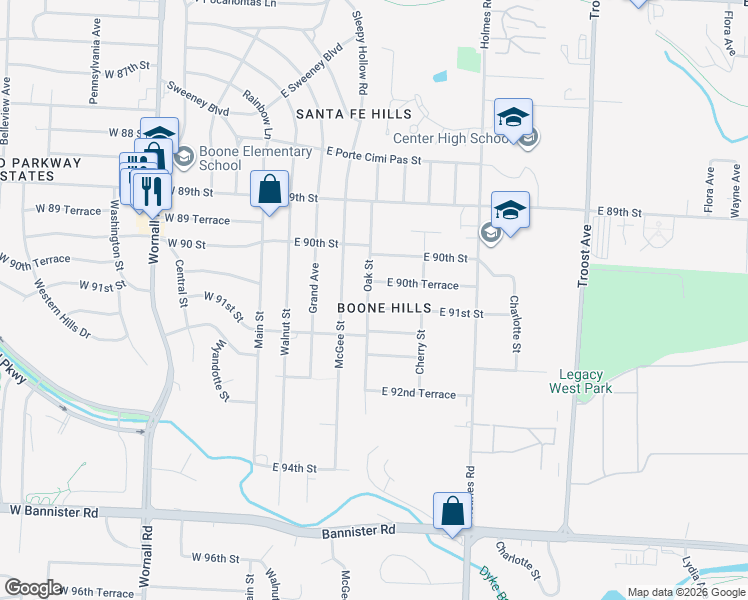 map of restaurants, bars, coffee shops, grocery stores, and more near 410 East 90th Terrace in Kansas City