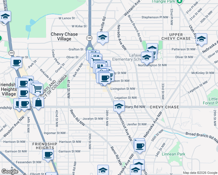 map of restaurants, bars, coffee shops, grocery stores, and more near 5501 Connecticut Avenue Northwest in Washington