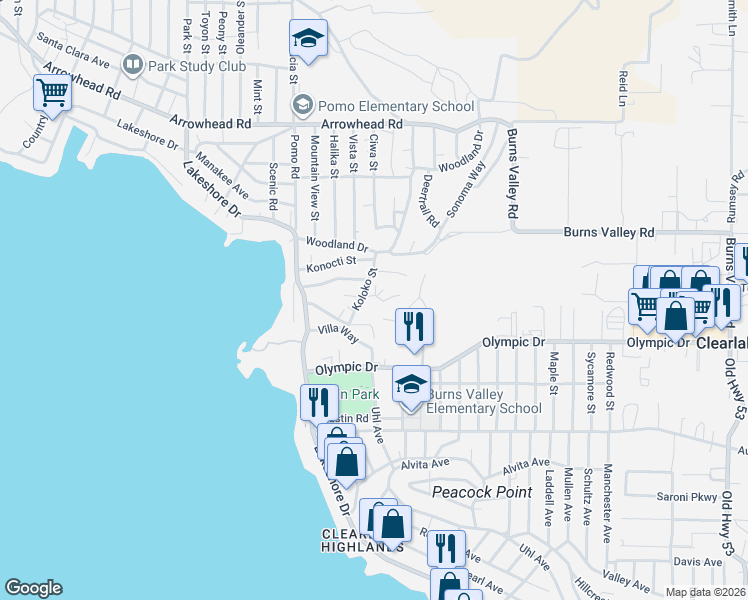 map of restaurants, bars, coffee shops, grocery stores, and more near 14015 Hale Street in Clearlake